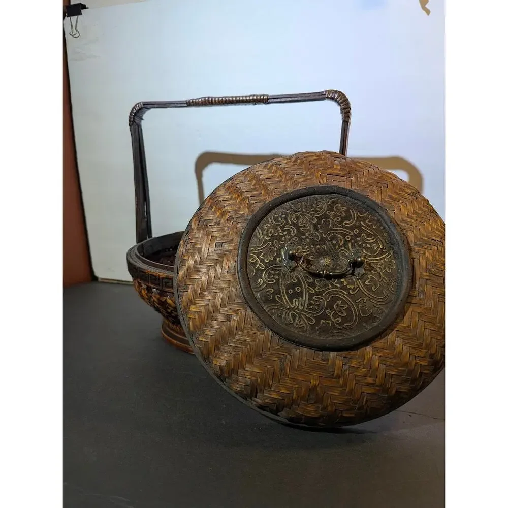 Vintage Woven Bamboo Wedding Basket Lid Chinoiserie Boho Decor